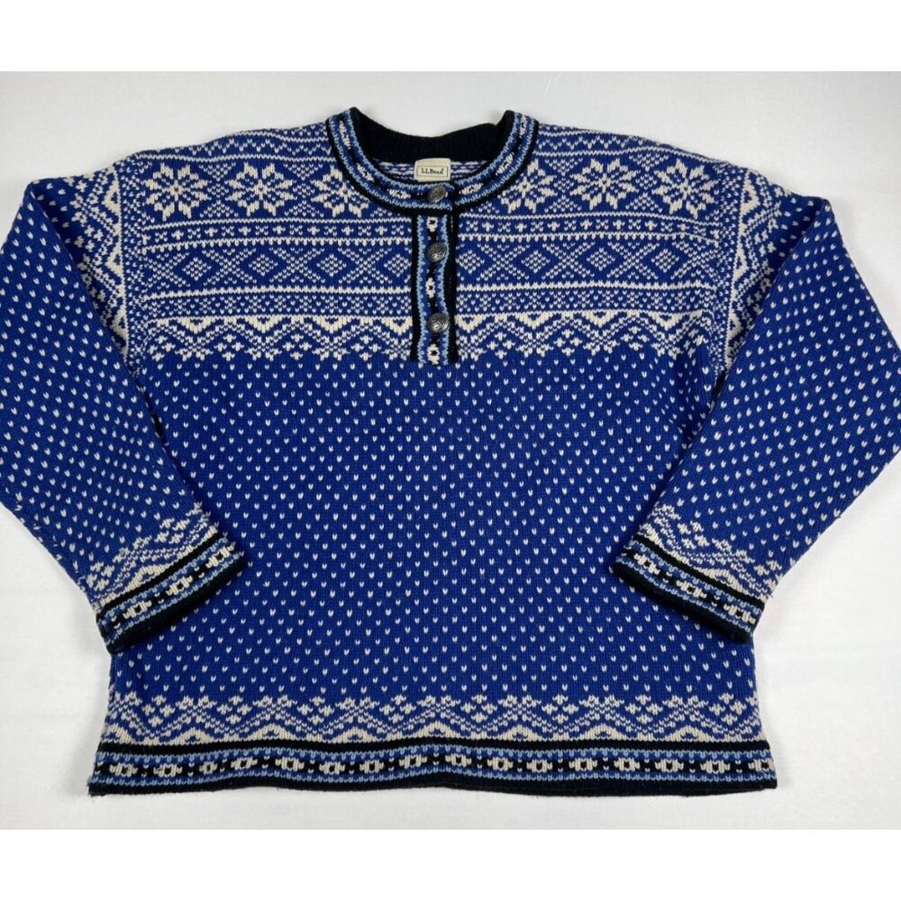 Vintage L.L. Bean Women's Medium Nordic 100% Merino Wool Blue Henley Sweater